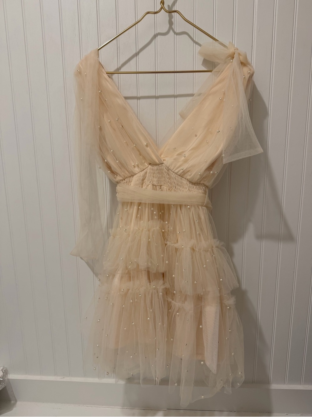 Mable Pearl Embellished Tulle Bow Shoulder Mini Dress Size M - Picture 4 of 4